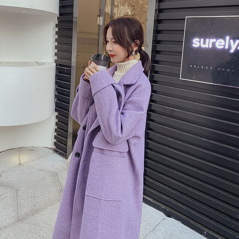 Fahshion Purple Long Wool Coat Women 2020 Autumn Winter Jackets new temperament over the knee Woolen Coat female Overcoat XA3456 T200828
