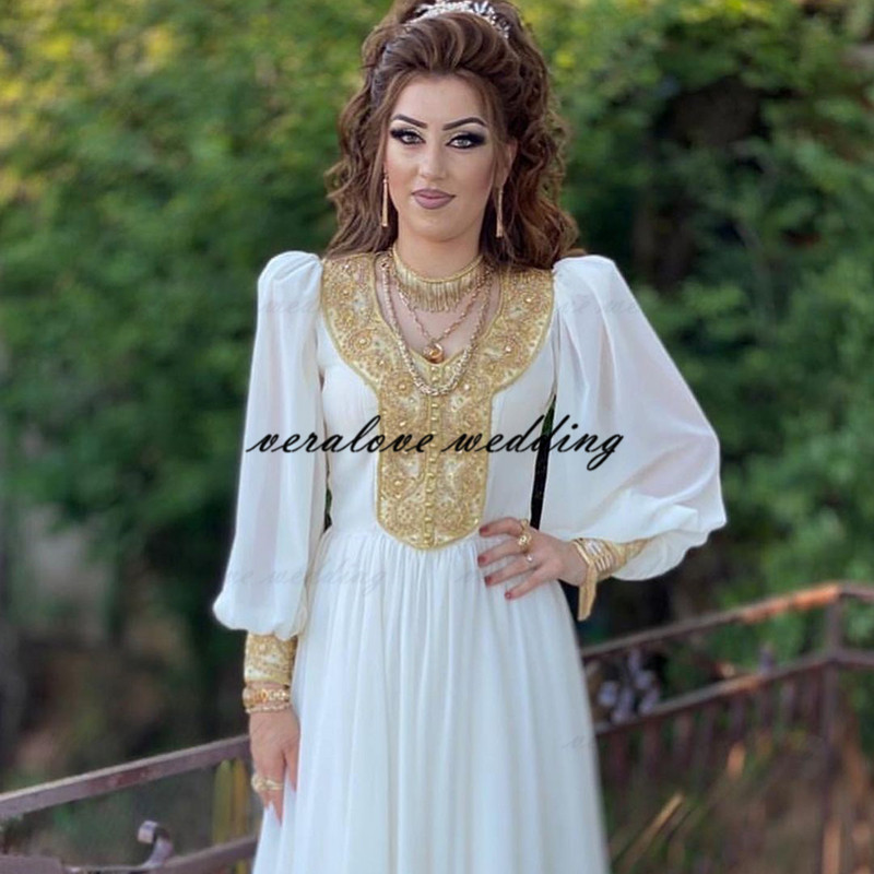 New White Chiffon Moroccan Kaftan Wedding Dress Long Golden Appliques Saudi Arabic Muslim Bridal Party Dress Custom Made