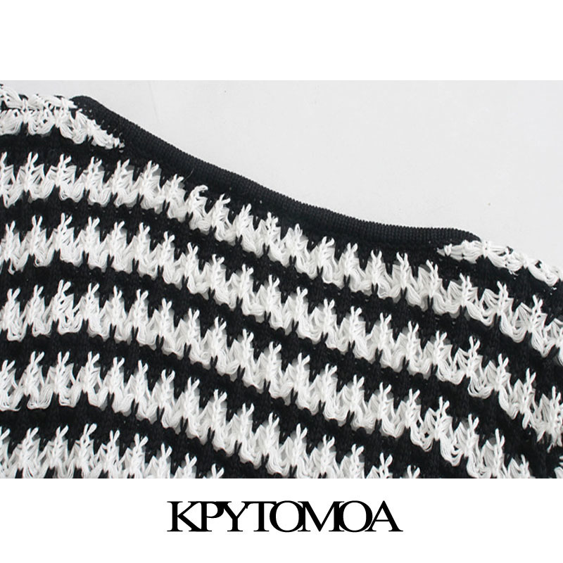 KPYTOMOA Women Fashion Striped Cropped Knitted Sweater Vintage V Neck Lantern Sleeve Female Pullovers Chic Tops 201017