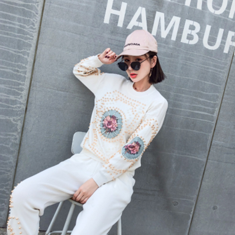 Beaded Cross- 2-Piece Sweater & Pants Casual Suit Set For Women In Various Colors