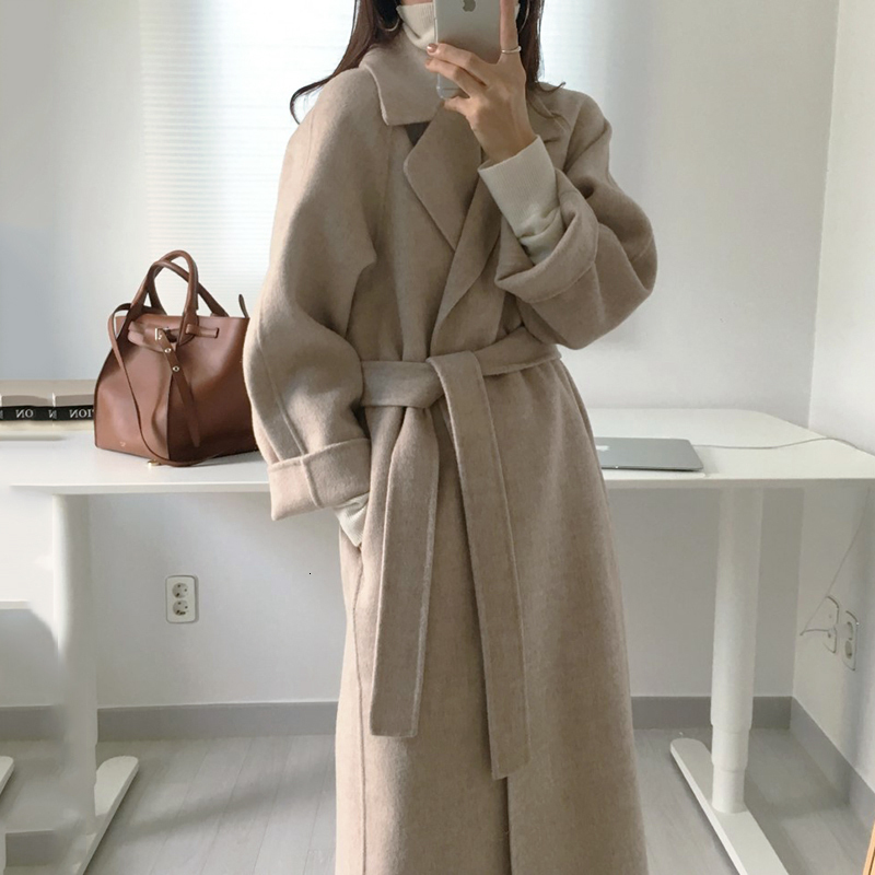 Autumn Winter New Minimalist Full Sleeve Wool Woolen Coat Long Warm Warm Color Fashion Casual Loose Woolen Coat QL879 T200315