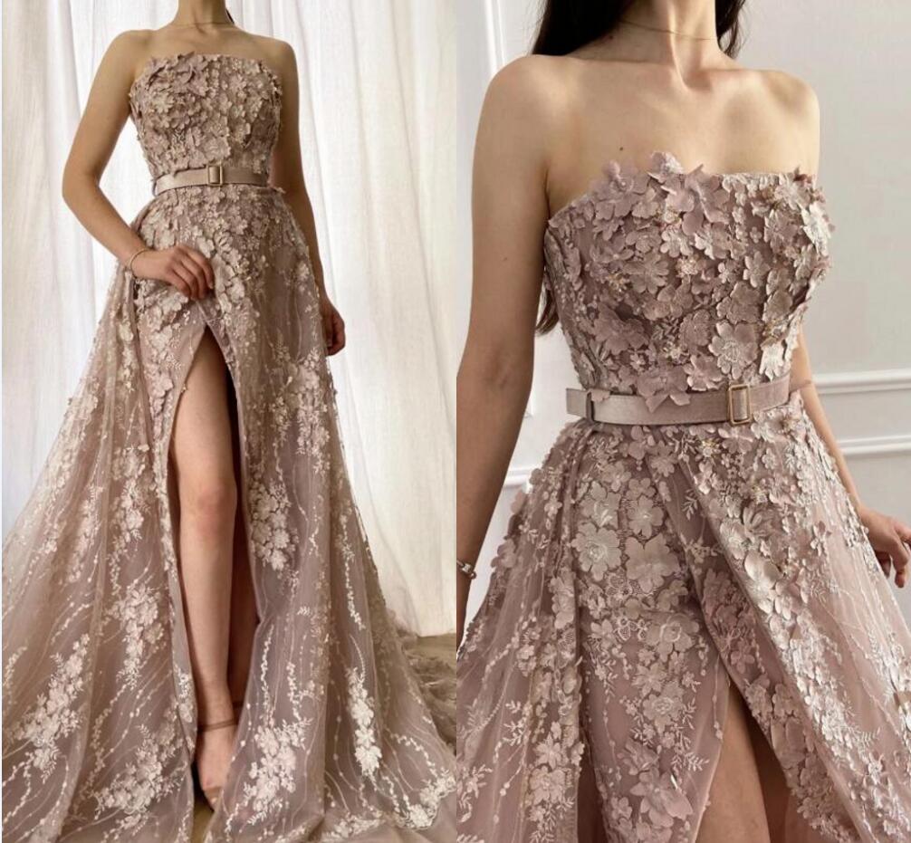 Tuscan Pink Flowers Evening Dresses with Overskirt strapless 3D Floral Sexy Slit Flattering Prom Pageant Gownvestido novia