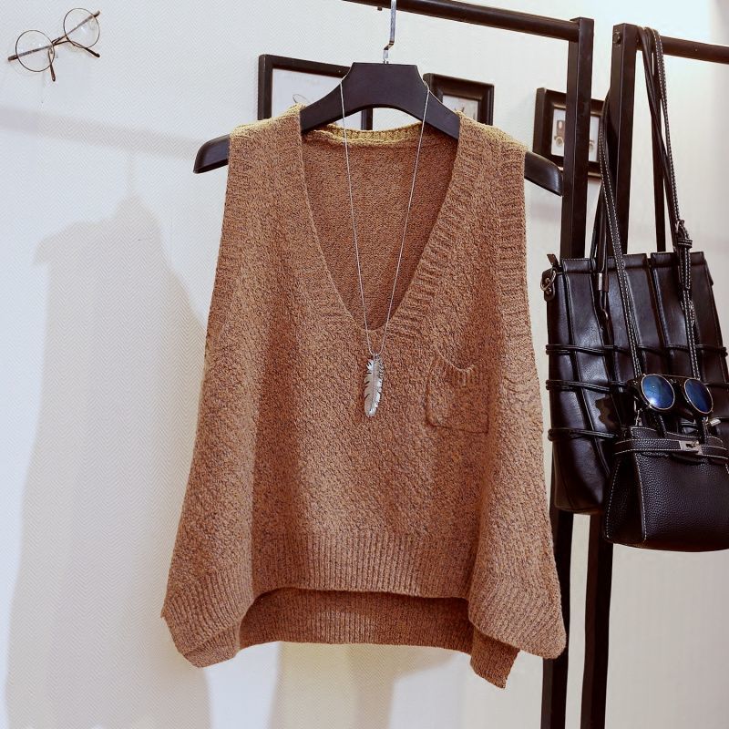 V-neck Sleeveless Fashion Sweater Vest Women Loose Pocket Decoration Frill Knitted Bottoming Sweater Vest Pullover Female Spring 201224
