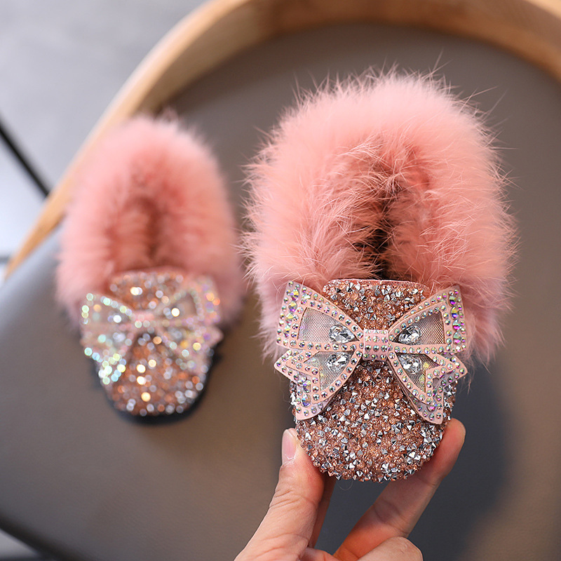 Winter Boot Girl Shoes Korean Style Little Girl Bow Tie Fur Shoes Baby Warm Thick Velvet Bling Shoes Girl D09221 201201