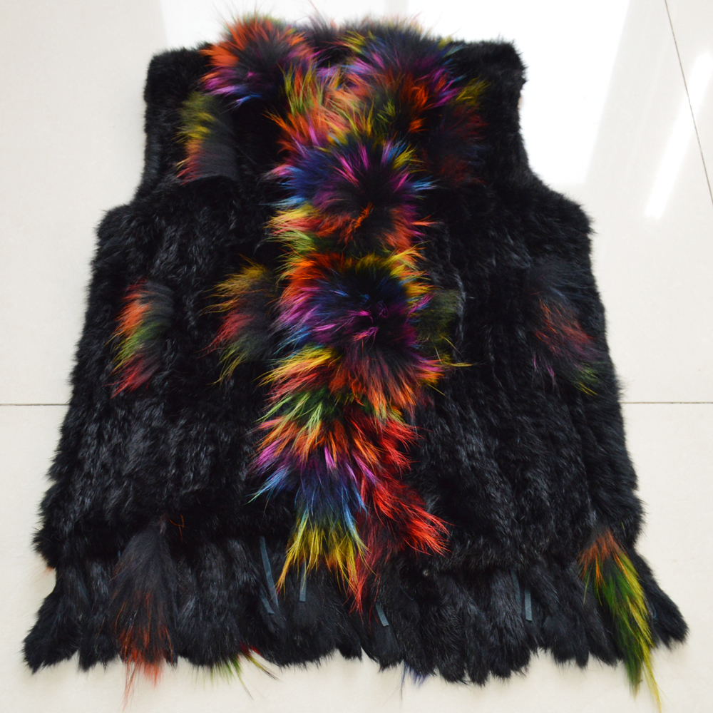 Women Real Rabbit Fur Vest Knitted Tassels Quality Real Genuine Rabbit Fur Gilet Real Raccoon Fur Collar Waistcoat 201016
