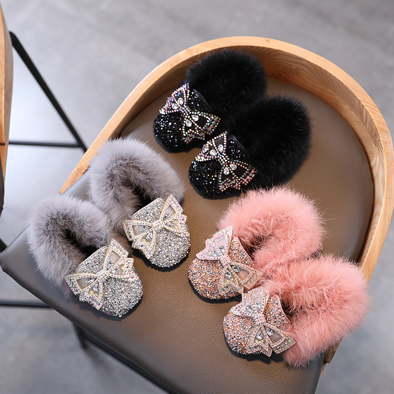 Winter Boot Girl Shoes Korean Style Little Girl Bow Tie Fur Shoes Baby Warm Thick Velvet Bling Shoes Girl D09221 201201