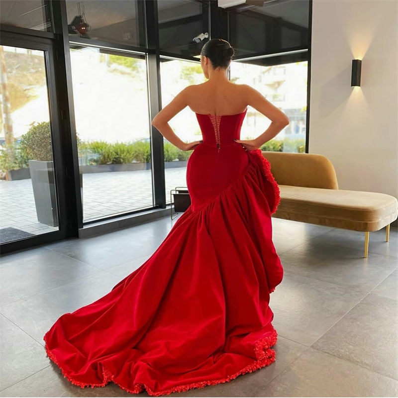 Fashion Red Prom Dresses Sexy Side Split Appliqued Mermaid Evening Dresses Sweetheart Sleeveless Ruched Satin Party Dress Custom Made