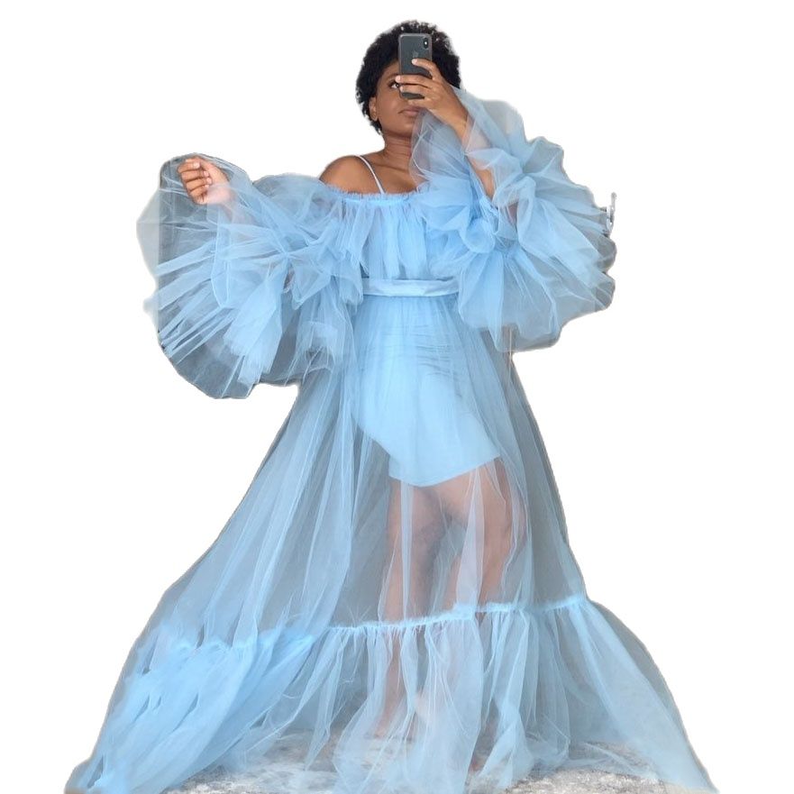 See Through Prom Tulle Dress Robes Baby Blue Sheer Mesh Long Summer Sleepwear For Photography Maternity Dresses Photo shoots