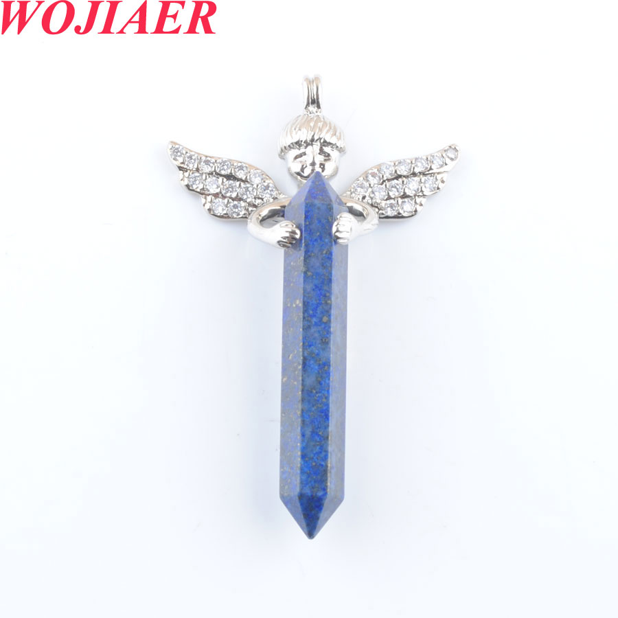 WOJIAER Natural Stones Pendant Long Sword Hexagonal Prism Cupid Angel Wings for Necklaces Crystal Women Men Jewelry DBO907