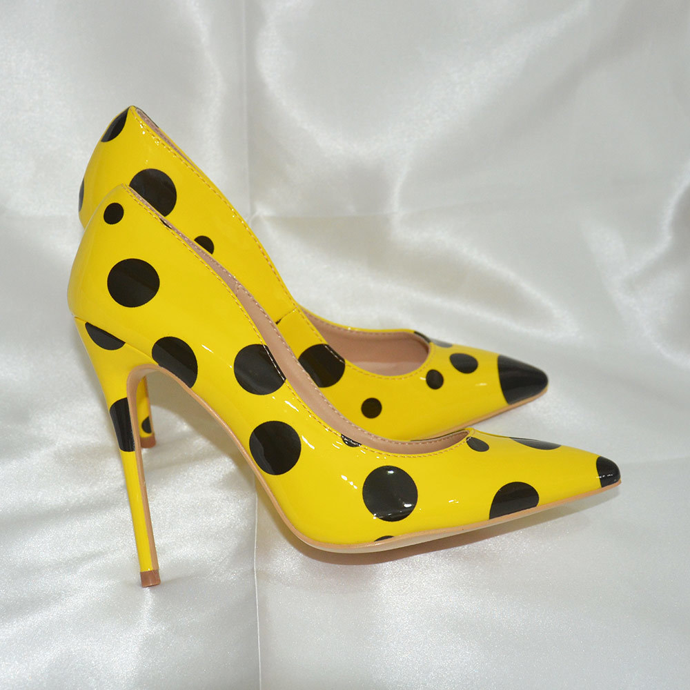 Veowalk Black Polka Dots Women Yellow Stilettos High Heels Ladies Fashion Slip On Pumps Club Party Dress Shoes Color Customized LJ201112