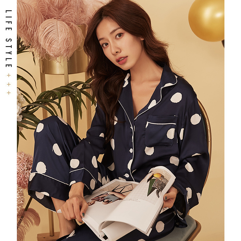New Autumn Women Silk Satin Printing Pajamas Set Dot Long Sleeved Shirt and Trousers Home Service Suit Satin Pajamas for Women T200429