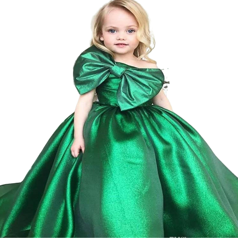 Cute Emerald Green Girls Pageant Dresses Princess One Shoulder Satin Bow Kids Formal Wear Children Toddler brithday Party Gowns Prom Ball Gown Floor L
