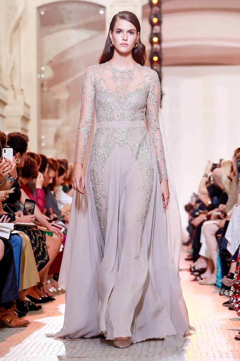 Elegant Chiffon Formal Prom Dresses Jewel Neck Beads Lace Applique Long Sleeve 2020 Prom Dress Sexy Floor Length Evening Gowns Women Dresses