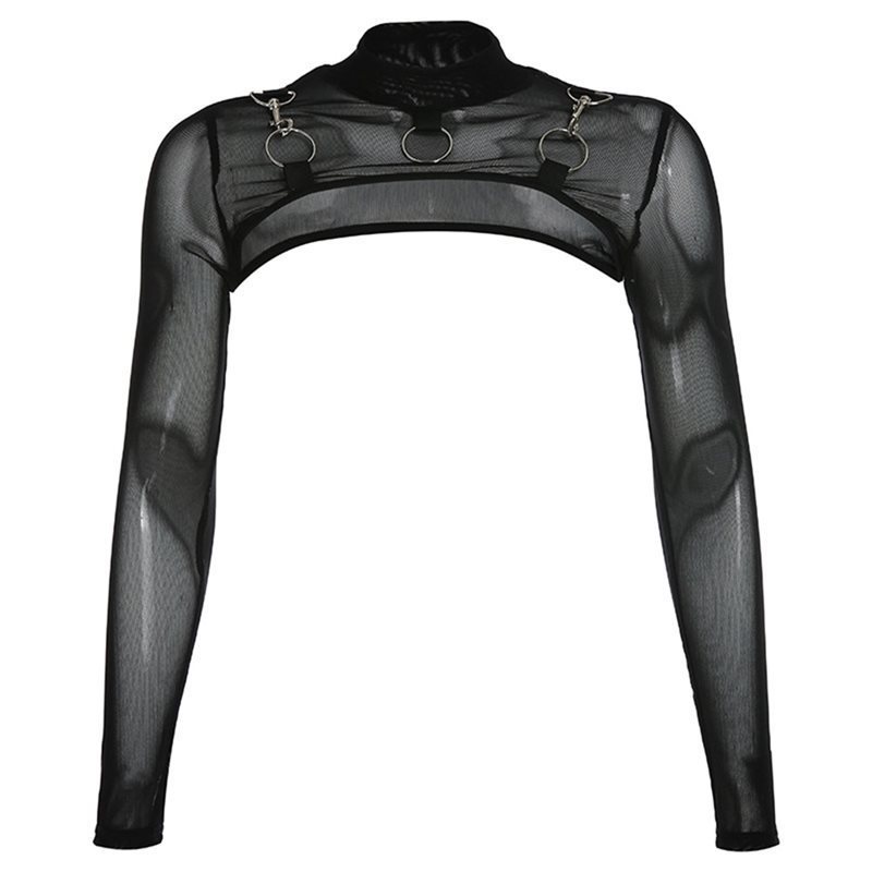 Rosetic Gothic Sexy Crop Tops Transparent Mesh Top Long Sleeve T Shirt Women Turtleneck Metal Punk Tees Streetwear Tshirt 201028