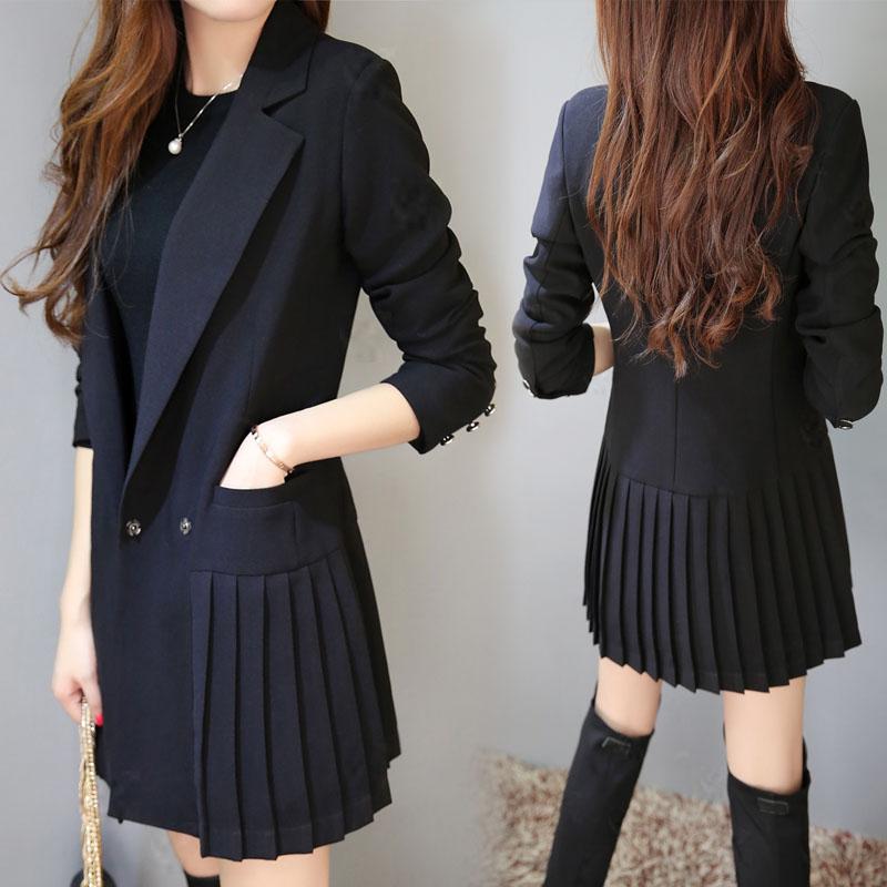 Women's Suits & Blazers Business Dress For Women Office Long Blazer Jacket Black Double Breasted Pleated Robe Suit Plus Size F345