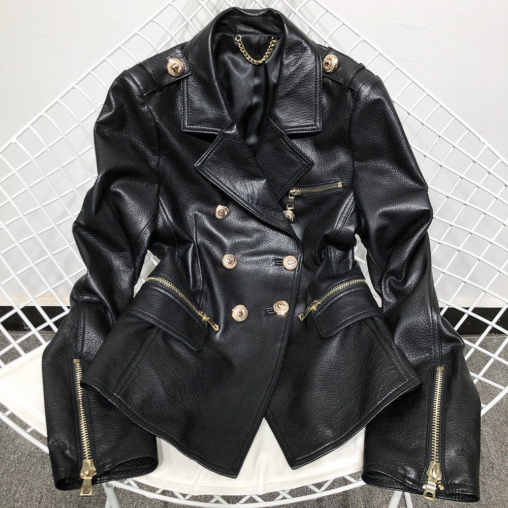 YOLOAgain women real leather jacket ladies double breasted real leather blazer 201030