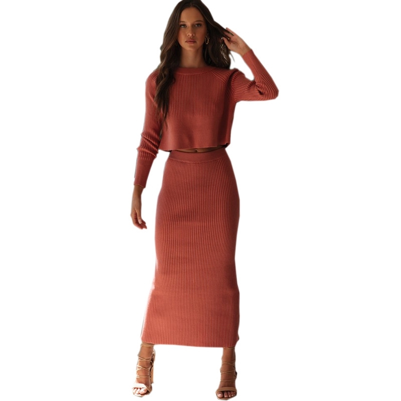 Knitted 2 Pieces Set Women Pullovers Sweater Crop Tops & Knitted Skirts Bodycon Office Lady Skirts 2PCS Suits Winter Cloth 201102