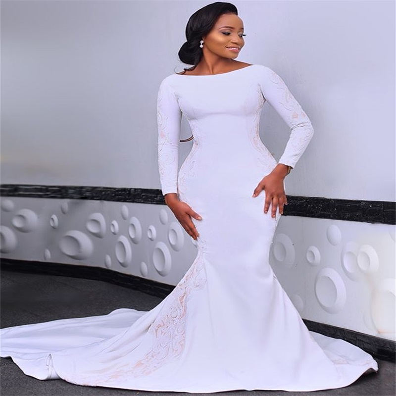 Modern Africa Mermaid Wedding Dress Long Sleeves Appliqued Lace Bridal Gowns Custom Made Plus Size Sweep Train Vestidos De Novia