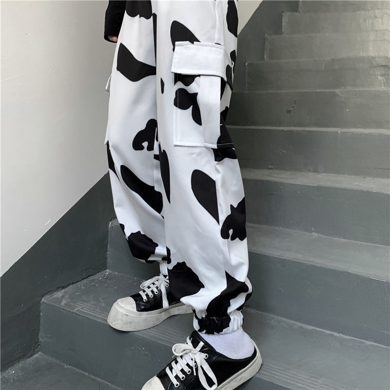 HOUZHOU Autumn Cow Print Pants Women Vintage Fashion Harajuku Palazzo Pants Loose Wide Leg Pants Straight Trousers Women Unisex 201106