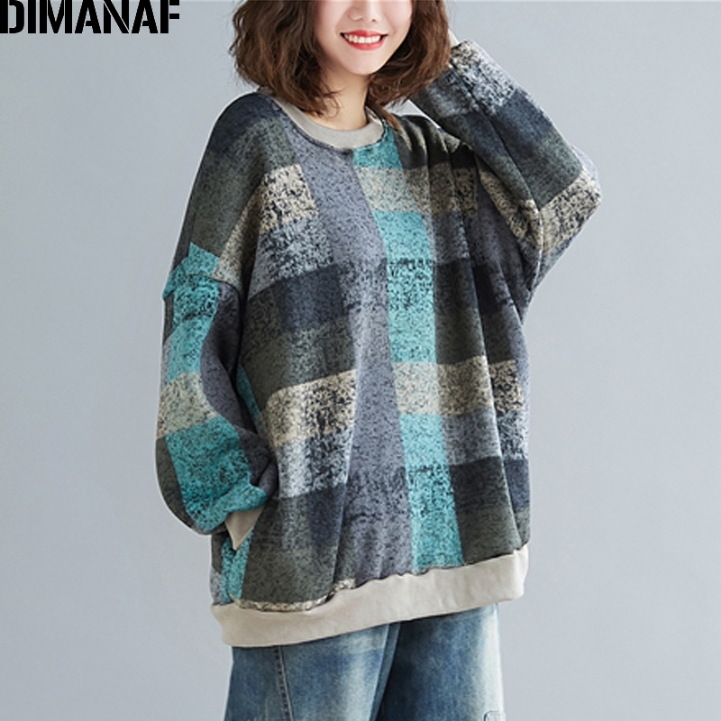 DIMANAF Autumn Winter Oversize Women Sweatshirts Lady Tops Pullovers Knitting Cotton Thick Vintage Loose Long Sleeve Plus Size T200407