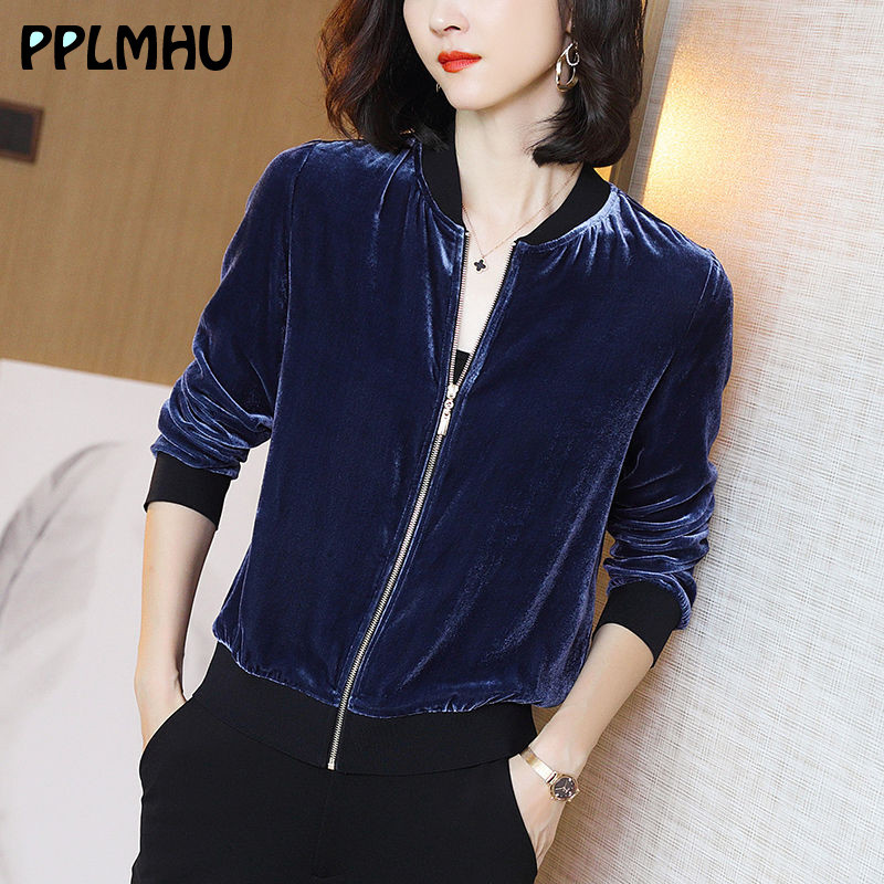 Women Wine Red Velvet Cropped Jacket Casual Zipper Short Outerwear Spring Female Jackets Blue Coat Wild Fashion Cardigan New 201014