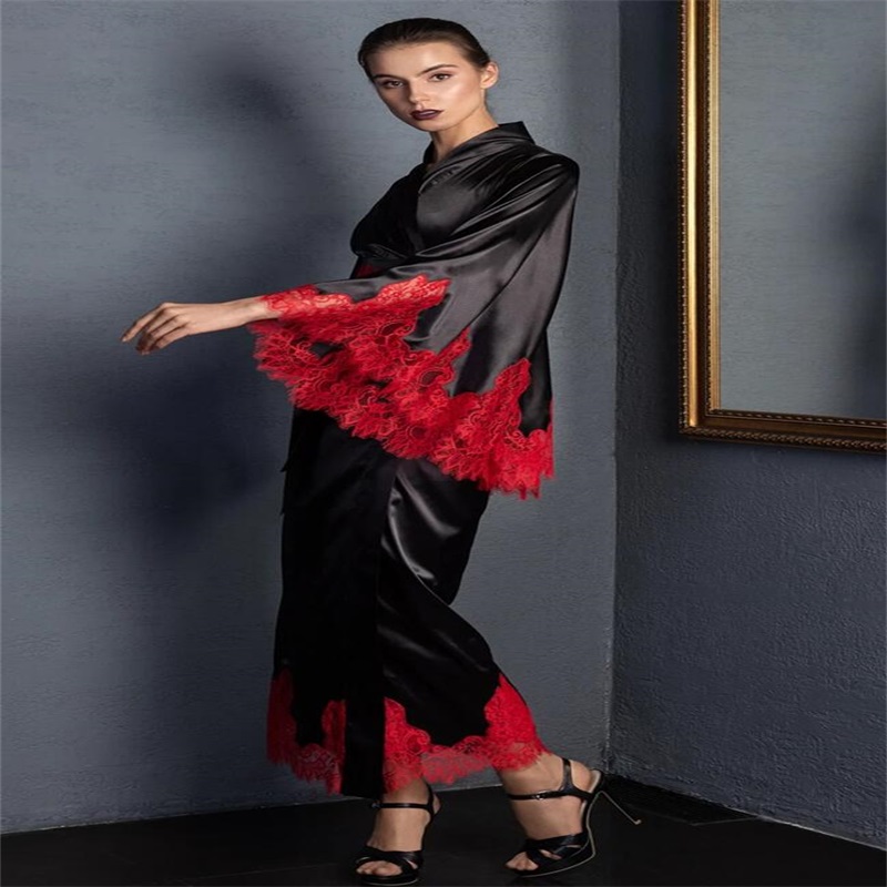 Elegant Sleepwear V Neck Long Sleeves Black Wedding Robe Nightgown Soft Silk Satin Lace Sweep Train Wedding Pajama Fast Shipping