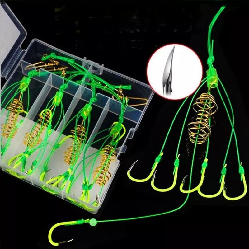 4pcs/set Fluoresce High Carbon Fishing Hooks Carp Spherical Feeder Bomb Proof Hanging ExplosionHook Tool Spring Anti-winding Explosion Hook