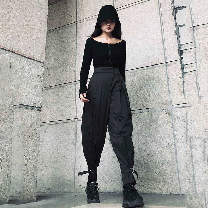 [EAM] High Waist Black Irregular Split Long Harem Trousers New Loose Fit Pants Women Fashion Tide Spring Summer 1W418 201106