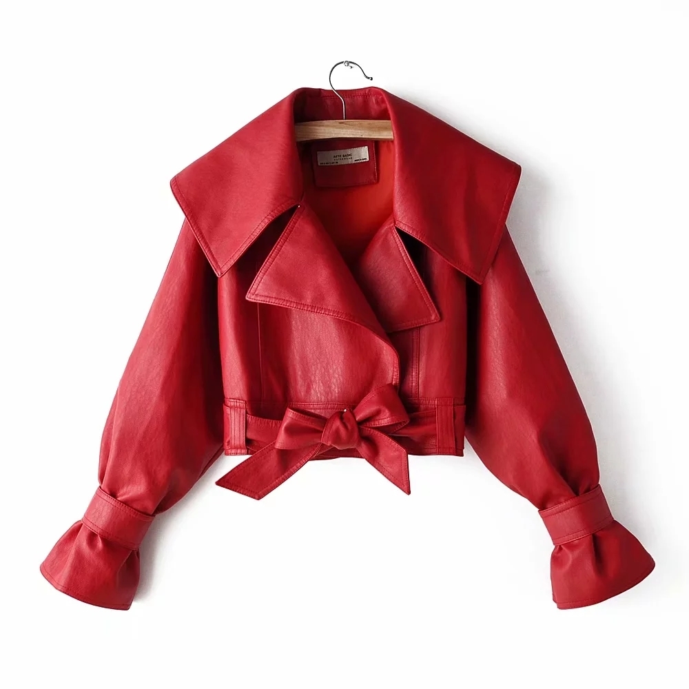black Red faux leather jacket women biker jacket long sleeve short coat streetwear pu outwear fall winter 201030