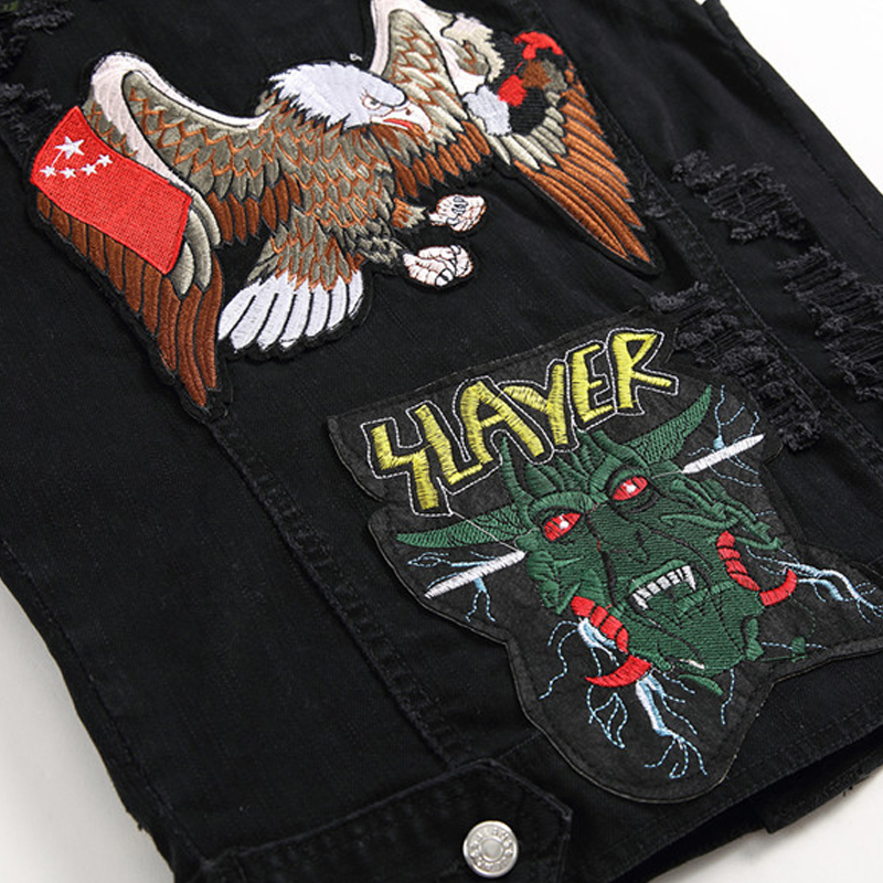 New Men Black Sets Fashion Spring Embroidered Phoenix Flower Hole Distressed Suit Denim Vests +Pants Mens Clothing 2 Pieces Sets LJ201117