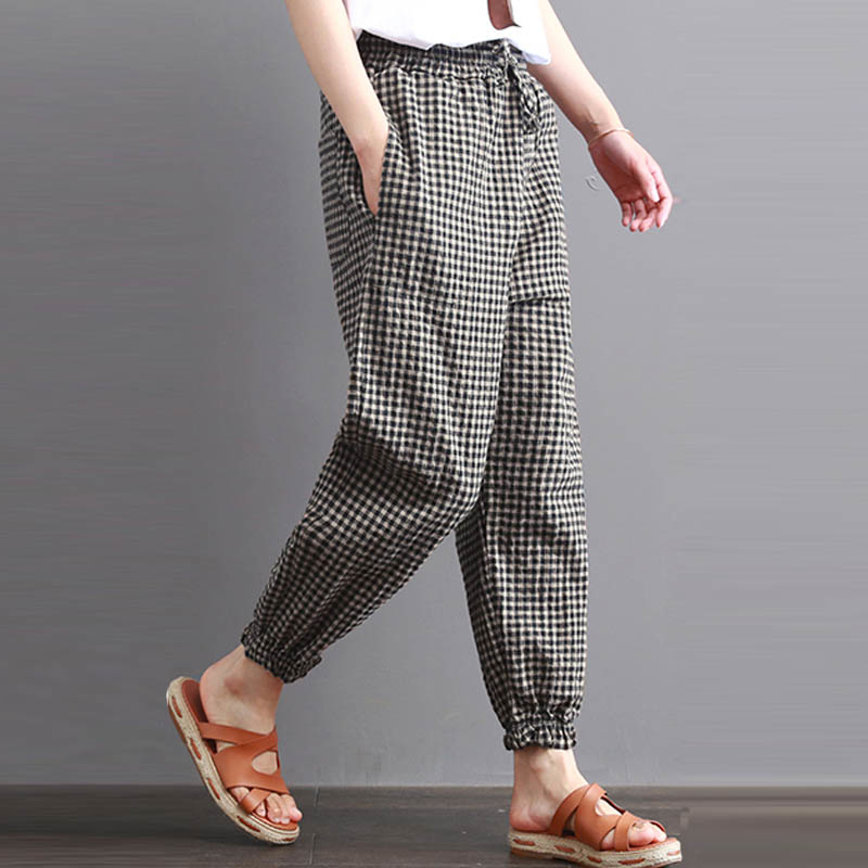 S-5XL 2019 Celima Women Plaid Check Elastic Waist Retro Cotton Linen Retro Turnip Harem Pants Pockets Loose Long Pencil Trousers T200319