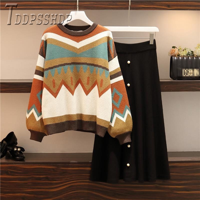 Plus Size Autumn Winter Casual Women Sets Sweater And Skirt Female Sets 201102