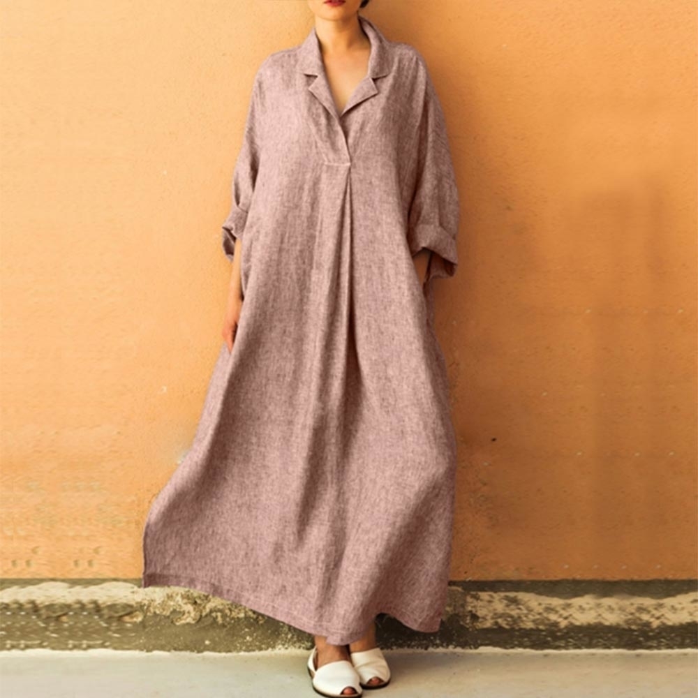5xl Women Loose Large Size Dresses Shawl Collar Shift Long Sleeve Basic Solid Shirt Dress Autumn Female Maxi Dresses Elegant T200319