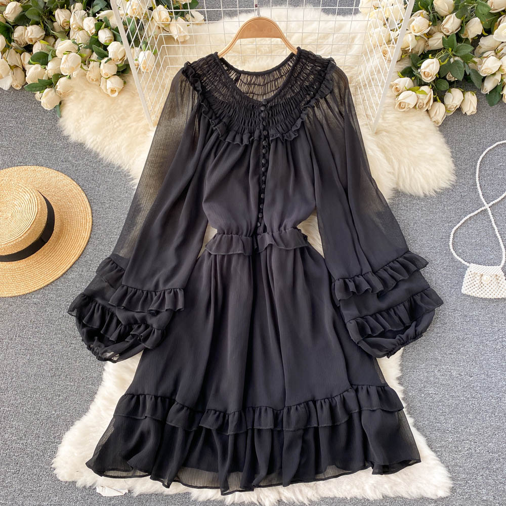 Spring Autumn Purple/Yellow/Blue Chiffon Dress Women Elegant O-Neck Draped Ruffle Vestidos Female Puff Long Sleeve A-Line Robe 2022