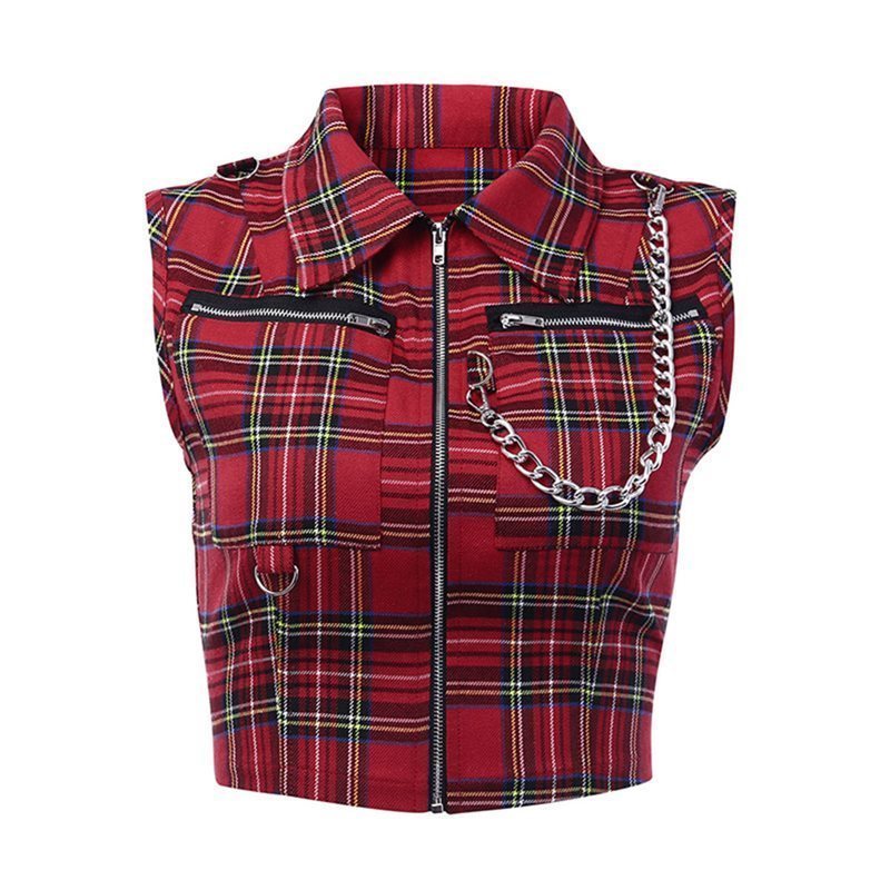 Rosetic Summer Gothic Chic Sexy Club Punk Ladies Red Women Tops Blouses Slim Lapel Zipper Chain Plaid Female Goth Retro Hip Hop T200502