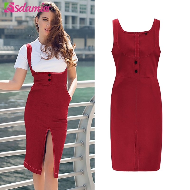 ESDAMIER High Waist Suspender Skirt Ladies Front Button Pencil Skirt Slim Casual Sexy Split Skirts Plus Size Y200326, Green skirt