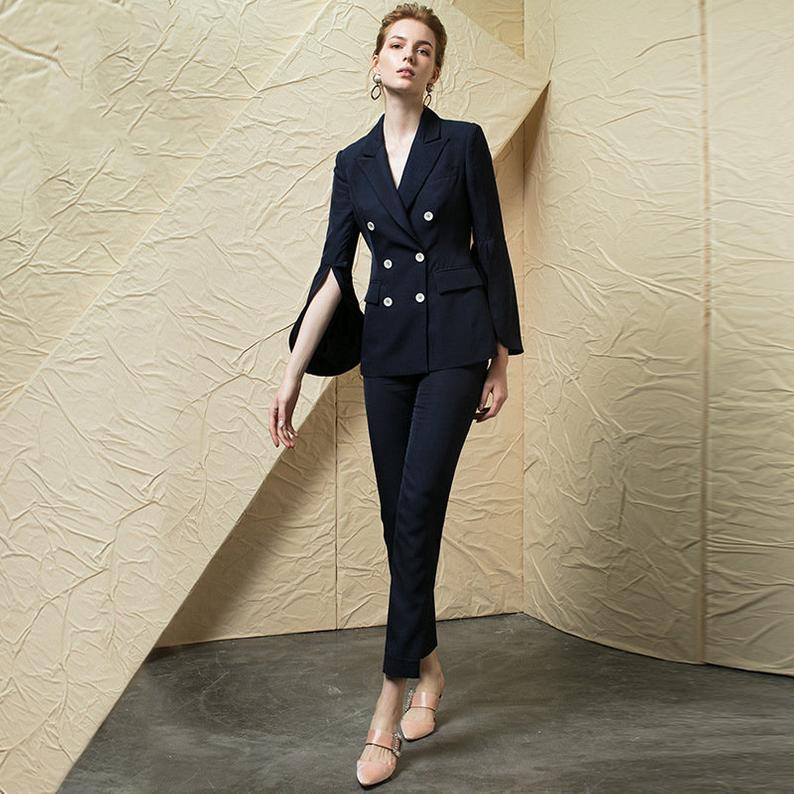 Navy Double Breasted Mother Of The Bride Pant Suits Bridal Suit Blazer Pants Coat Formal Business Party Prom Evening Tuxedos