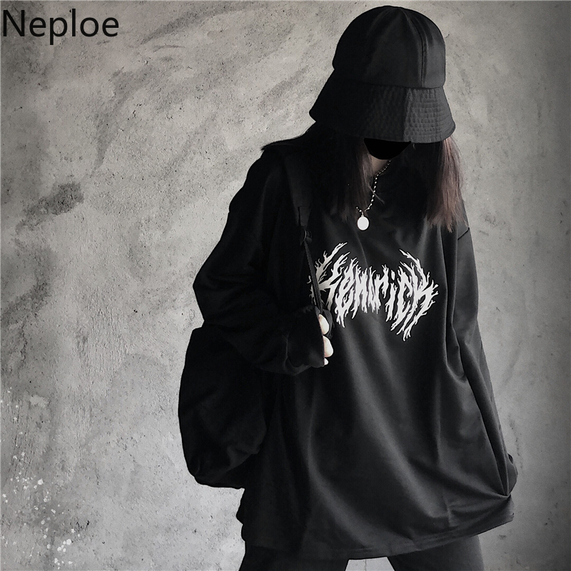 Neploe Ins Harajuku Style Streetwaer Unisex Lovers T Shirt O Neck Solid Retro Letter Tees Long Sleeve Spring Autumn New Top 201028