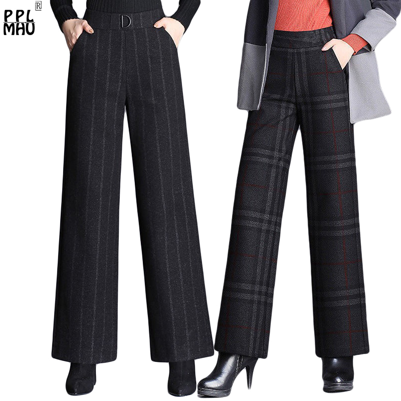 Fashion New Striped Woolen Wide Leg Pants Women Hot Sale Casual Loose Spring Autumn High Waist Trouers Plus Size Mom Pants 201111