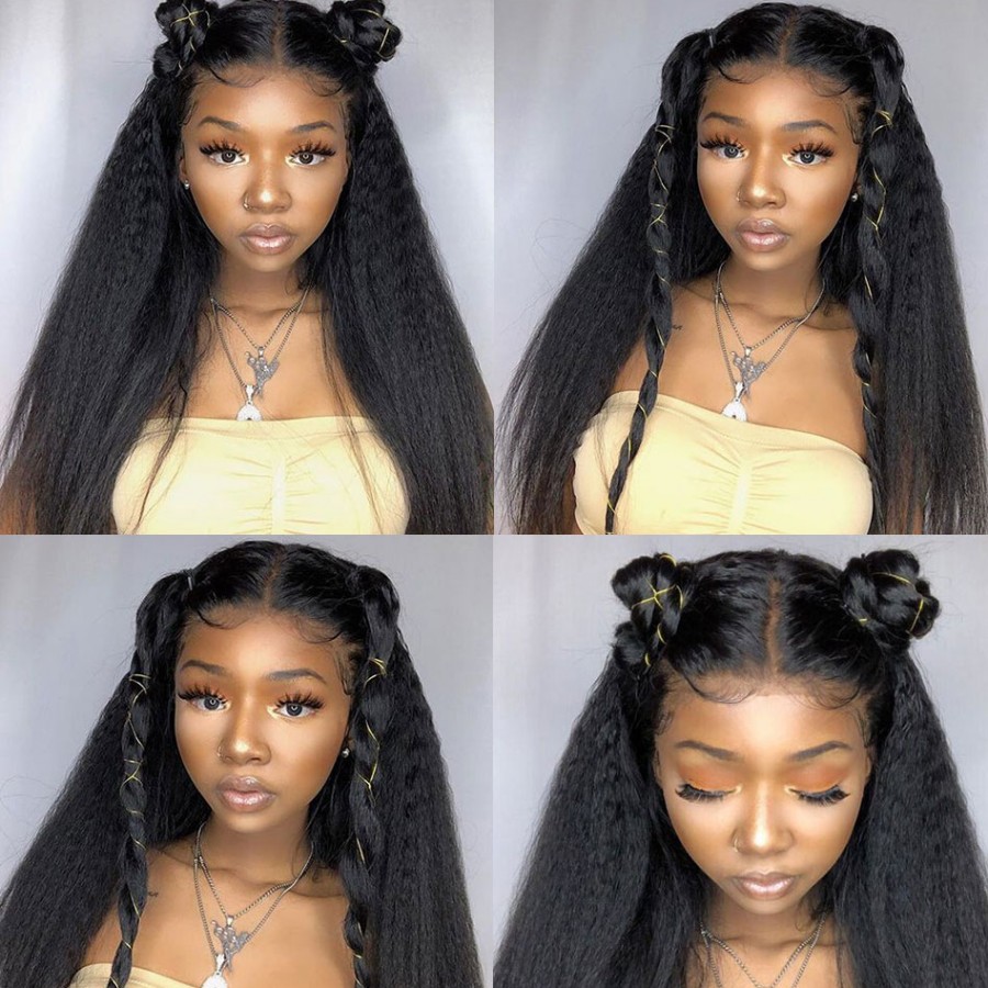 Free part Pre Plucked italian yaki synthetic lace front Wig Kinky Straight 13x4 Brazilian Invisible Lace Wig With Baby Hair