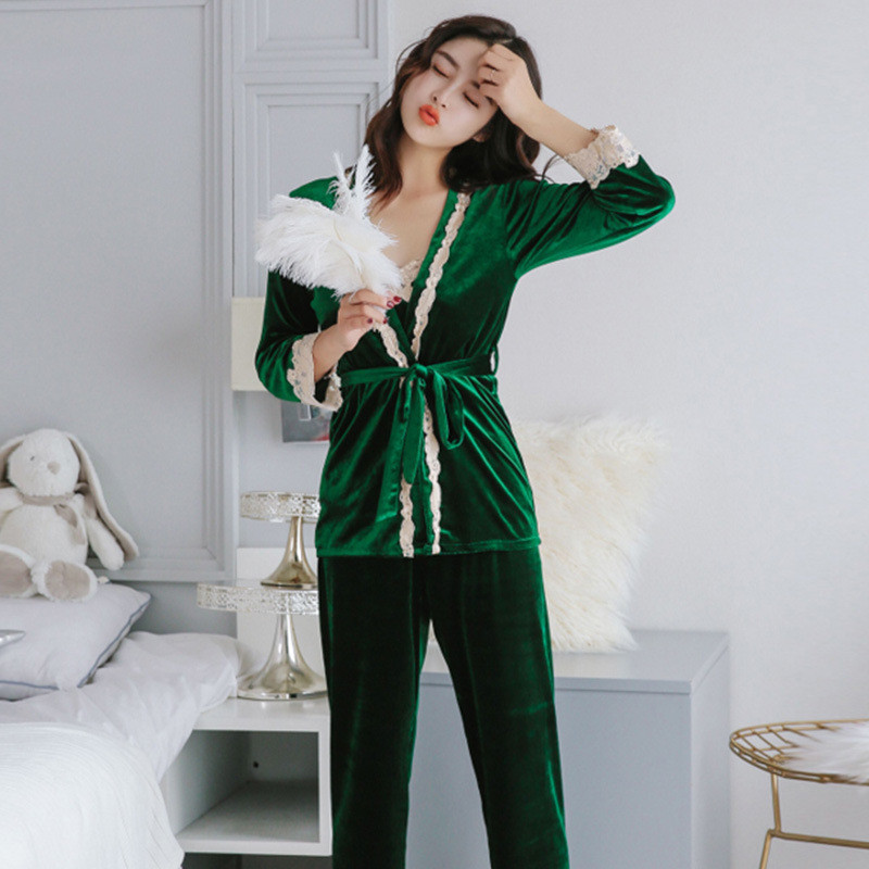 JULY'S SONG Autumn Winter Warm Pajamas Set Woman Sexy Pajamas Sleepwear For Women Sleeveless Strap Nightwear Long Pant Robe 201113