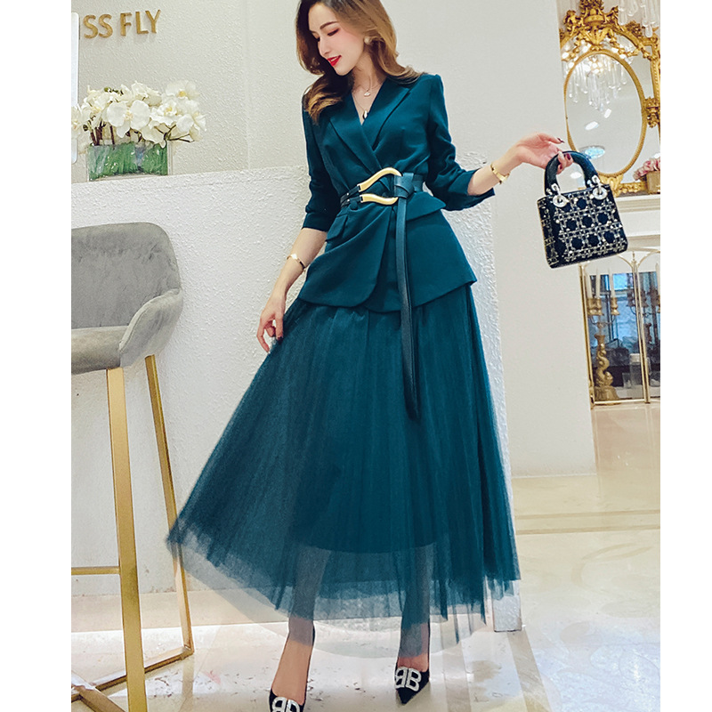 Two Piece Fashion Suit Prom Dresses Newest Female Jacket Mesh Dresses With Modern Belt Goddess Workplace Formal Wear In Stock Fast Shipping