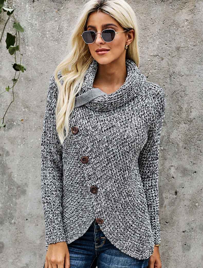 Turtle Neck Sweaters Women Autumn and Winter New Long-sleeved Hem Asymmetric Button-type Pullover Sweater Womens Fashion Tops Hot Sale