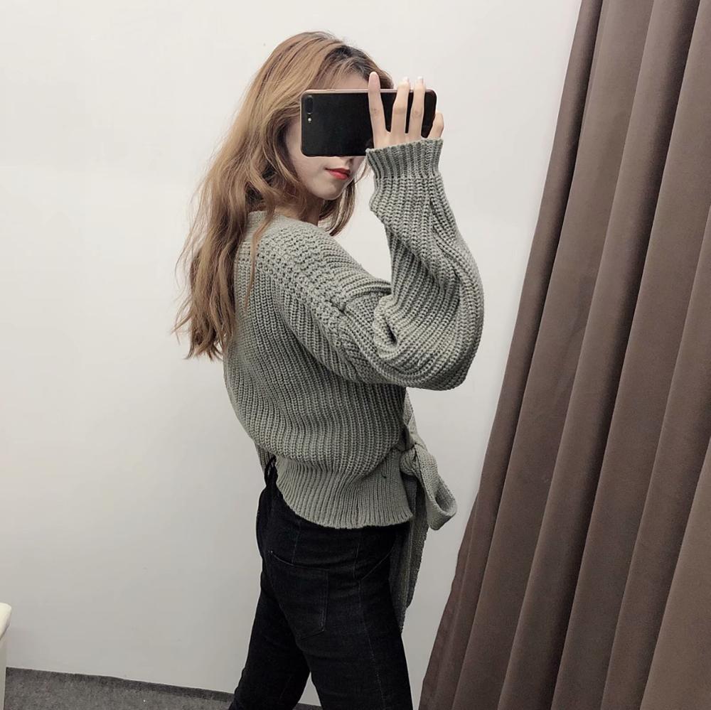 New Women Sweater Gray Beige Pink Solid Kinitted Cardigan Sashes V-Neck Sweater Casual Loose Style Female Clothes 201111wtt