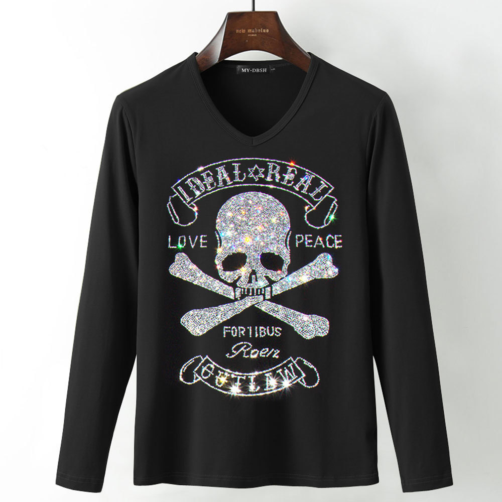 New Skull hot diamond T shirts Stretch Cotton Long sleeve T-shirt Gothic Style men's high quality rhinestone Tshirt Big size 5XL 201202
