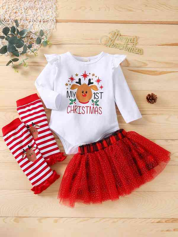 Baby Christmas & Letter Graphic Ruffle Trim Bodysuit & Skirt & Leg Warmer SHE