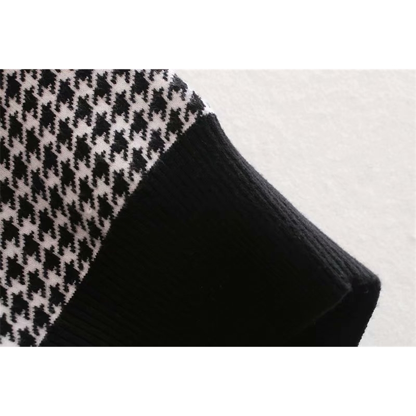women vintage houndstooth pattern puff sleeve casual sweater ladies basic o neck knitted pullover autumn chic tops S163 201221