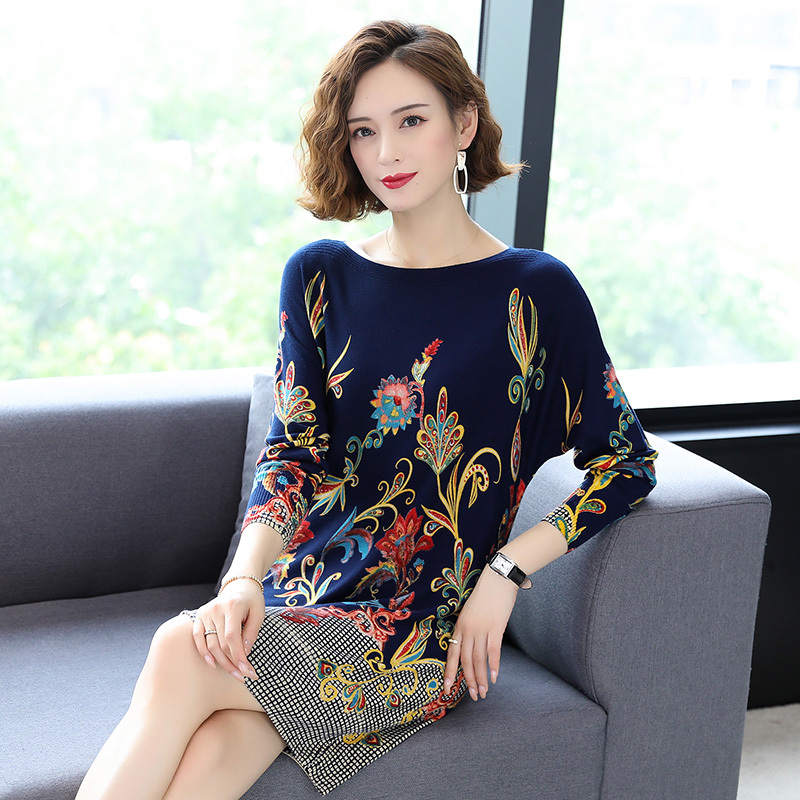 YISU Fashion Floral Print Sweater Dress women Long Sleeve Loose Casual long Jumper Women Autumn Winter Sweater Dress women 201222