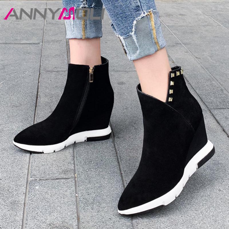 ANNYMOLI Real Leather Ankle Boots Women Cow Suede Rivets Wedge Heel Short Boots Zipper Extreme High Heel Shoes Lady Autumn 34-39, Black
ANNYMOLI Real Leather Ankle Boots Women Cow Suede Rivets Wedge Heel Short Boots Zipper Extreme High Heel Shoes Lady Autumn 34-39, Black