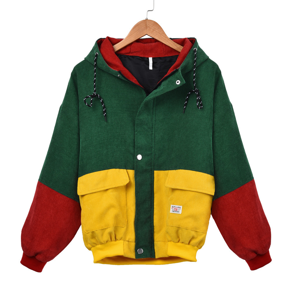 Feitong Harajuku Style Women Winter Warm Color Block Hooded Corduroy Jacket Long Sleeve Patchwork Oversize Zipper Jacket T200319